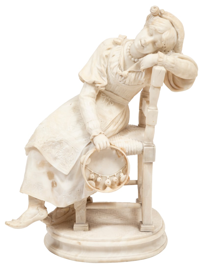Cesare Lapini, Italian 1848-1893, "Girl with a Tambourine?, carved alabaster, 17 1/2 x 20 1/2 x 12: Cesare LapiniItalian, 1848-1893"Girl with a Tambourine?carved alabaster1886, signed and dated on self-base.17 1/2 x 20 1/2 x 12 1/4 in. (44.5 x 52.1 x 31.1 cm.) Ida Manheim Antiques, 409 Royal St
