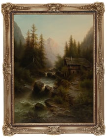 Albert Reiger, Austrian 1834-1905, "Mountain Waterfall with Mill", oil on canvas, 39 1/2 x 29 1/4