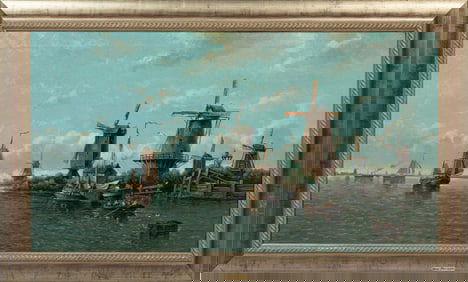 Auguste Henri Musin, Belgian 1852-1923, "Fishing Boats in Zeeland", oil on canvas, 26 1/2 x 48 3/4