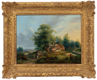 Cornelis Lieste, Dutch 1817-1861, "Landscape with Wagon and Figures", oil on panel, 12 1/4 x 16 1/4