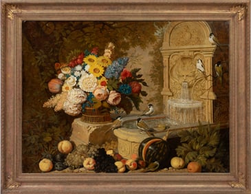 Continental School 19th c., "Still Life with Flowers, Fountain, Fruit and Birds", oil on canvas, 38