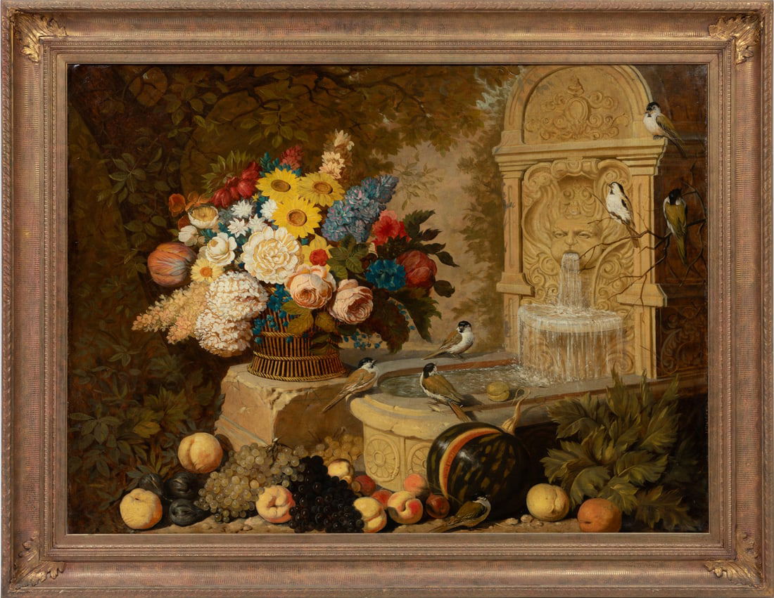 Continental School 19th c., "Still Life with Flowers, Fountain, Fruit and Birds", oil on canvas, 38: Continental School 19th c."Still Life with Flowers, Fountain, Fruit and Birds"oil on canvassigned "V. de Salles" lower right, framed.38 1/8 x 51 1/4 in. (96.8 x 130.2 cm.), Frame: