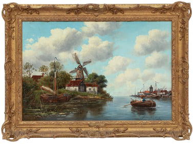Hermanus Koekkoek II, Dutch 1836-1909, ?Windmill over Dutch Harbor?, oil on canvas, 20 x 30 in.