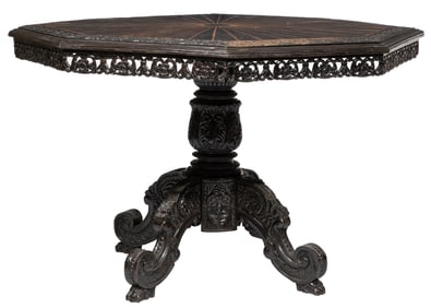Anglo-Colonial Carved and Inlaid Hardwood Center Table