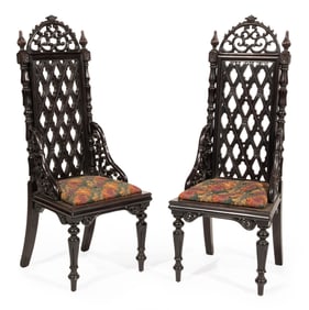 Pair of Anglo-Colonial/Ceylonese Carved Ebony Hall Chairs