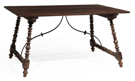 Spanish Carved Walnut and Wrought Iron Refectory Table