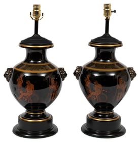 Pair of Black Porcelain Lamps with Greek Key and Classical Frieze