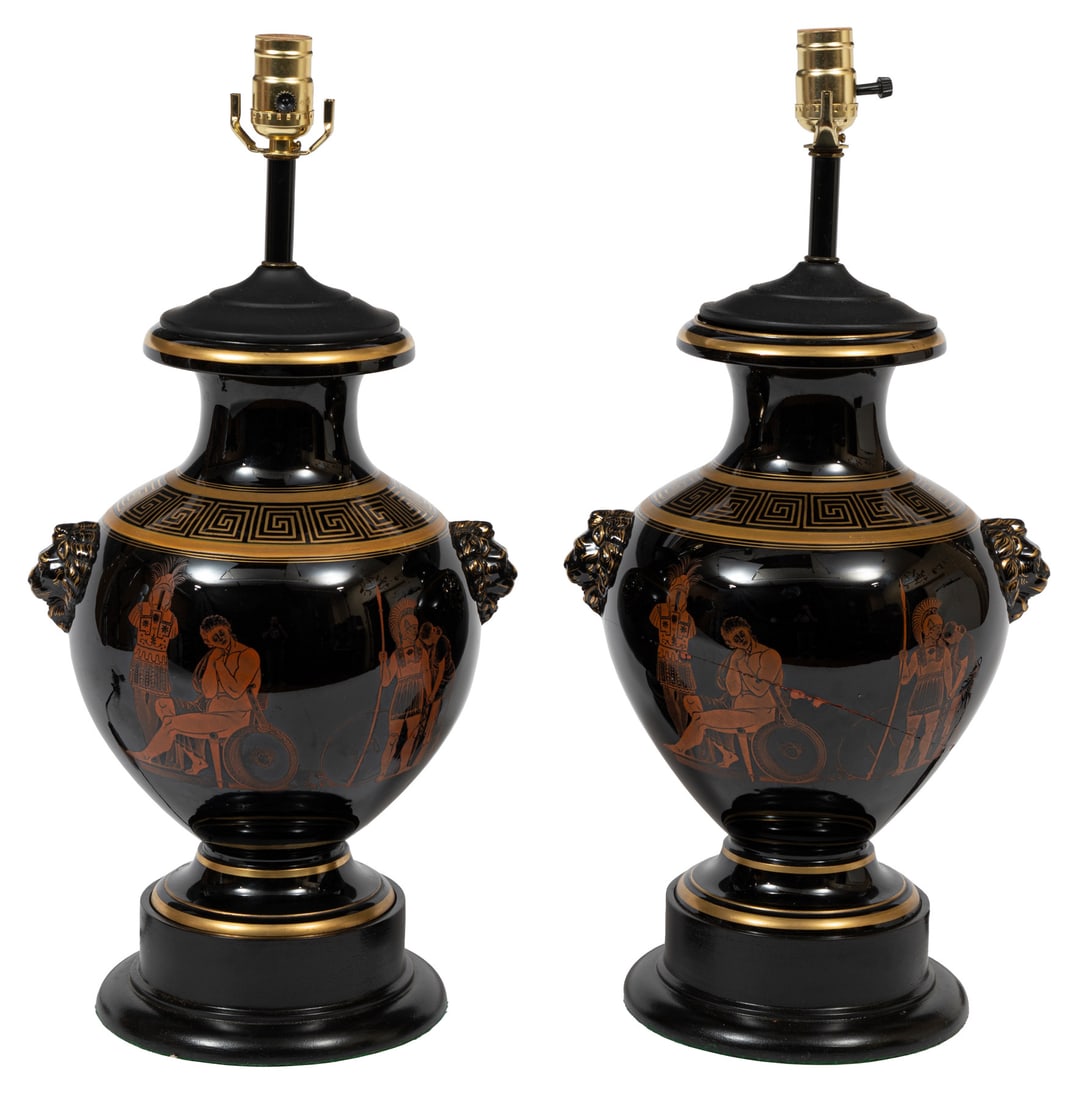 Pair of Black Porcelain Lamps with Greek Key and Classical Frieze: Pair of Black Porcelain Lamps with Greek Key and Classical Frieze h. 22 in., dia. 11 in.