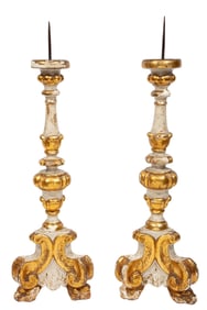Pair of Antique Italian Gilt and Creme Peinte Pricket Candlesticks