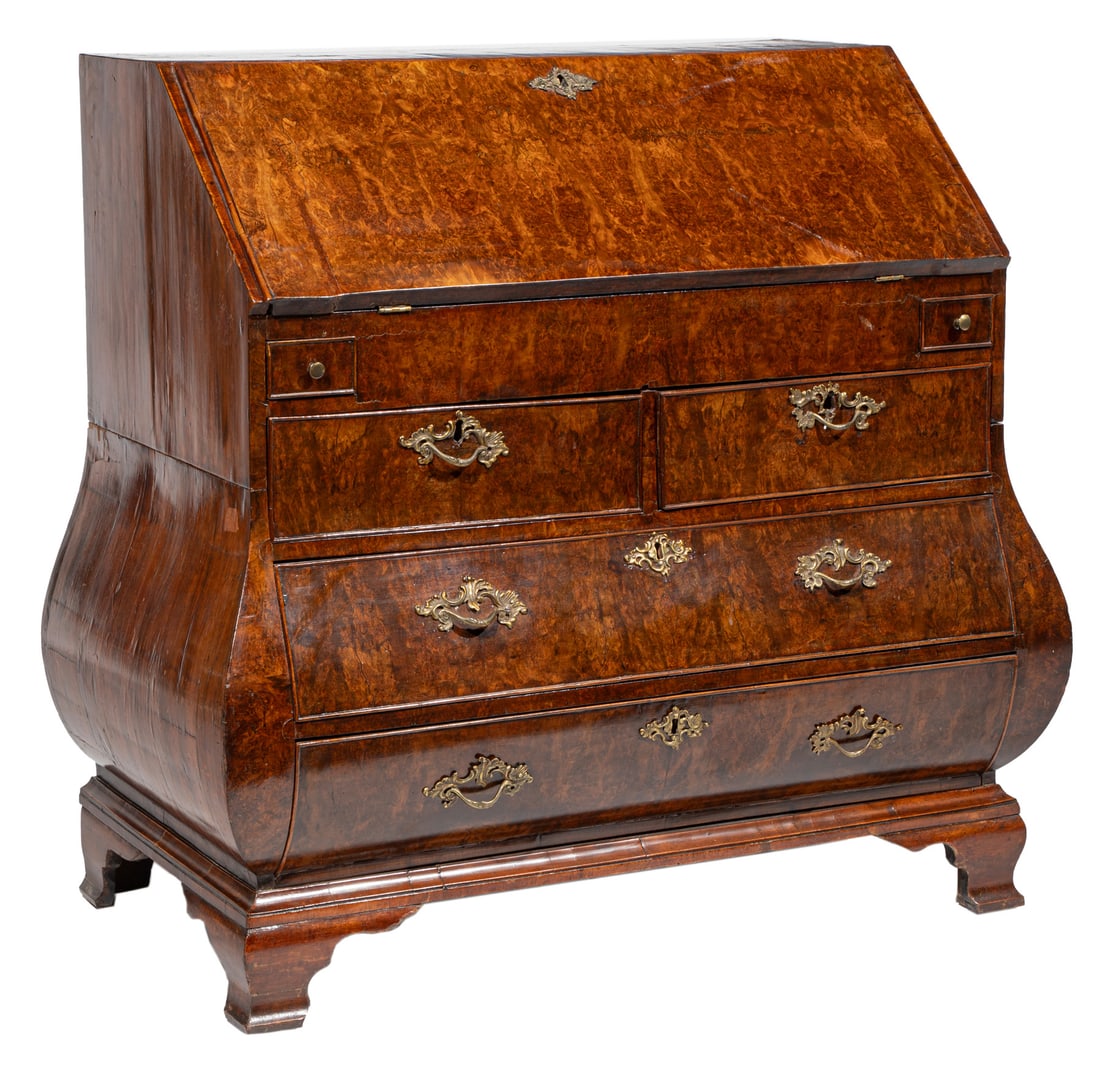 Dutch Rococo Burl Walnut Bombe Slant Front Bureau (1 of 3)