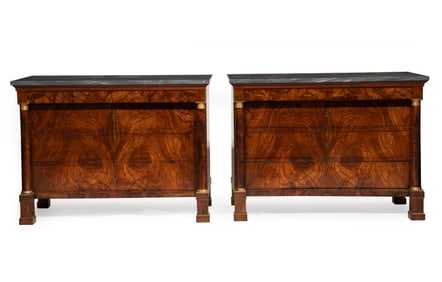 Fine Pair of Restauration Bronze-Mounted Figured Walnut Commodes