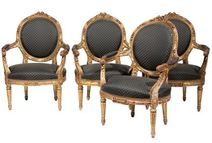 Set of Four Louis XVI-Style Carved Giltwood Fauteuils