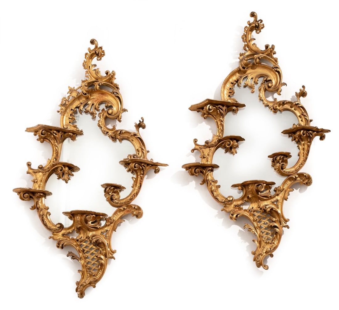 Pair of Antique French Rococo-Style Giltwood Bracket Mirrors (1 of 1)