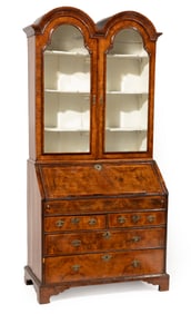 George I Figured Walnut Double Dome Bureau Bookcase