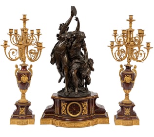 Monumental Napoleon III Gilt and Patinated Bronze and Rouge Griotte Marble Three-Piece Clock