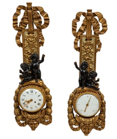 Louis Philippe Giltwood and Ebonized Clock and Barometer Set