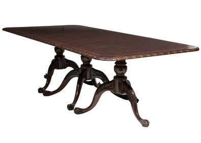 Georgian-Style Inlaid Plum Pudding Mahogany Three Pedestal Dining Table