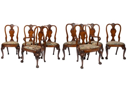 Set of Eight Queen Anne-Style Carved Burl Walnut Dining Chairs