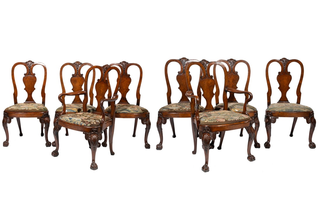 Set of Eight Queen Anne-Style Carved Burl Walnut Dining Chairs (1 of 6)
