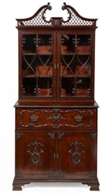 Fine Chippendale-Style Carved Mahogany Secretary Bookcase