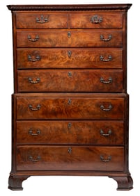 Chippendale Carved Figured Mahogany Chest on Chest