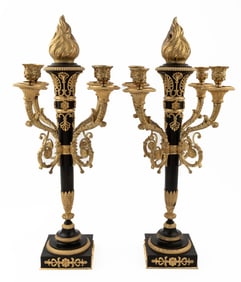 Pair of Antique Empire-Style Gilt and Patinated Bronze Four-Light Candelabra