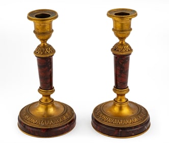 Pair of Antique Dutch Bronze and Rouge Griotte Marble Candlesticks