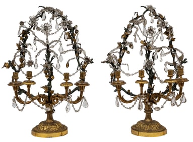 Pair of Napoleon III Gilt and Patinated Bronze and Rock Crystal Four-Light Girandoles