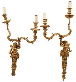 Near Pair of Louis XVI-Style Gilt Bronze Two-Light Sconces