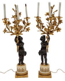 Pair of Belle Epoque Gilt and Patinated Bronze Three Light Candelabra