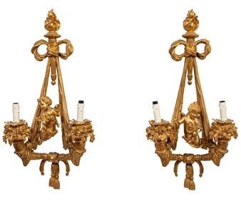 Pair of Empire-Style Gilt Bronze Two-Light Sconces