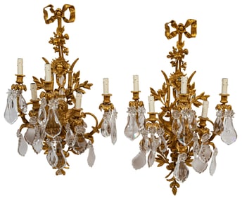 Pair of Antique Empire-Style Gilt Bronze and Cut-Crystal Five-Light Sconces