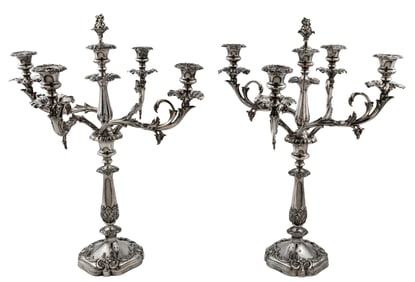 Pair of Monumental Antique English Silverplate Five-Light Candelabra