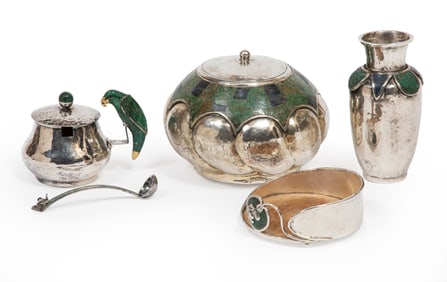 Group of Four Pieces of Emilia Castillo Hardstone Inlaid Hammered Silverplate Tableware