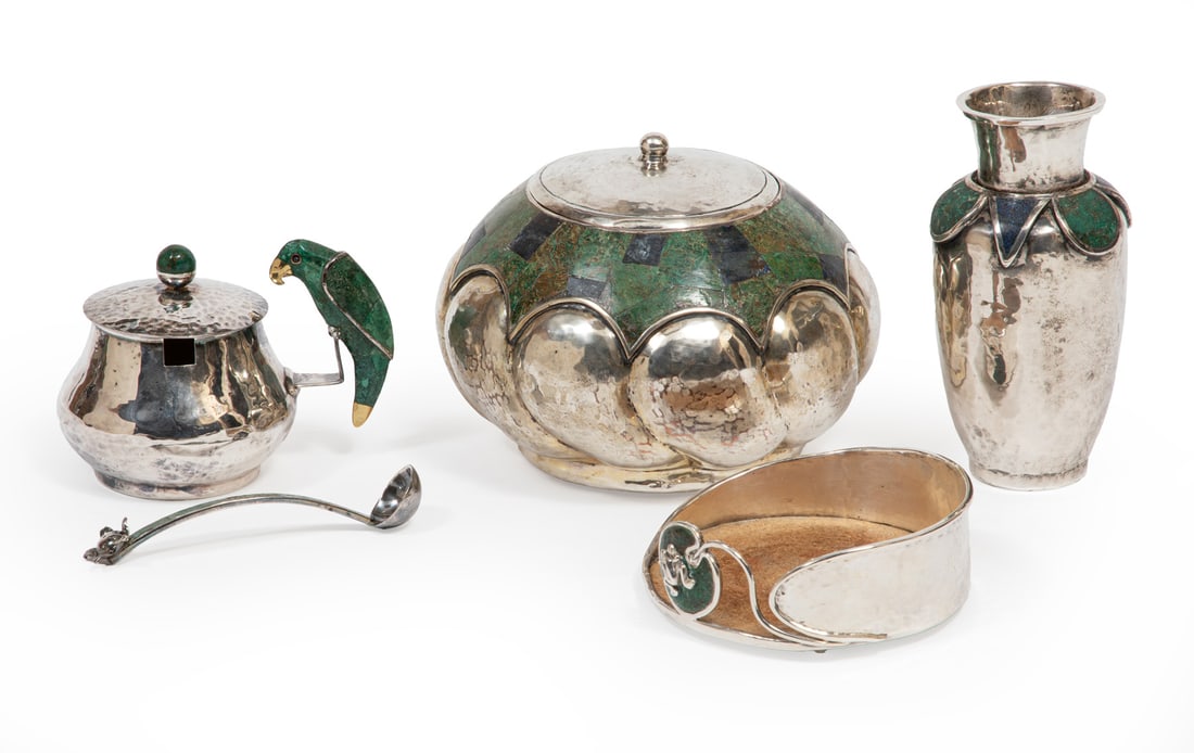 Group of Four Pieces of Emilia Castillo Hardstone Inlaid Hammered Silverplate Tableware: Group of Four Pieces of Emilia Castillo Hardstone Inlaid Hammered Silverplate Tableware,Mexico, incl. vase, covered bowl, covered sugar bowl with spoon and frog and lilypad wine coaster, registration