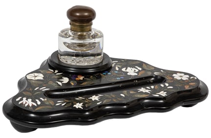 English Marquetry-Inlaid Ashford Marble and Cut-Crystal Standish