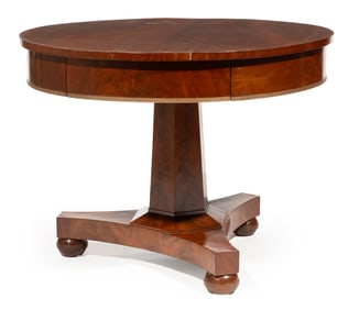 American Late Classical Brass Mounted Mahogany Drum Table h. 28 in., dia. 37 in.