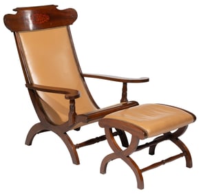 Fine Louisiana Inlaid Carved Mahogany Campeche Chair and Ottoman