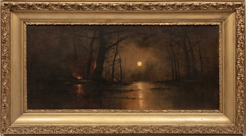 Louisiana School 19th c., "Bayou Campfire", oil on canvas, 18 1/4 x 40 in. (46.4 x 101.6 cm.),
