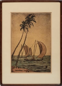 Charles William Bartlett, British/Hawaii 1860-1940, ?Katamarangs, Ceylon?, hand-colored dry point