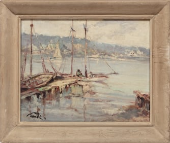 Arnold E. Turtle, British/Louisiana 1892-1954, "Sailboats on the Lake", oil on masonite, 16 x 20 in.