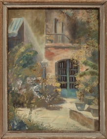 Marie Tebo Williamson, American/Louisiana 20th c., "French Quarter Courtyard", oil on canvas board,