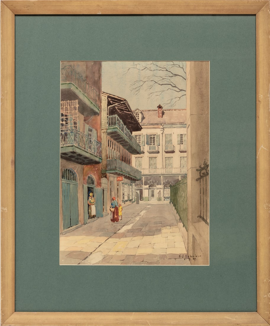 Howard J. Schuler, American 1887-1985, "French Quarter Street Scene", watercolor on paper, 15 7/8 x (1 of 3)