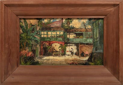 Colette Pope Heldner, American/Louisiana 1902-1990, "Patio at Antoine's, New Orleans", oil on panel,