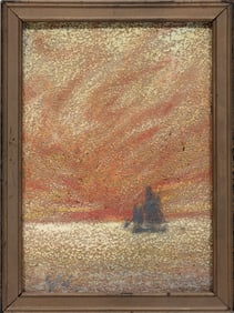 William Woodward, American/Louisiana 1859-1939, "Sailing Boat at Sunset", raffaelli crayon on flint