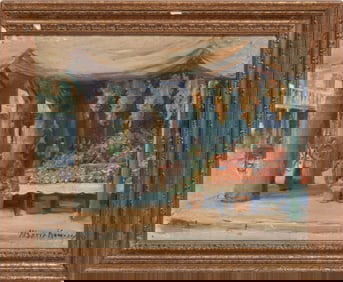 Alberta Kinsey, American/Louisiana 1875-1952, "French Market", oil on canvas laid on board, 11 1/4 x