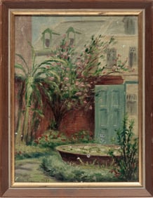 Manuel G. Runyan, American/Florida 1872-1954, "New Orleans Courtyard", oil on canvas laid on board,