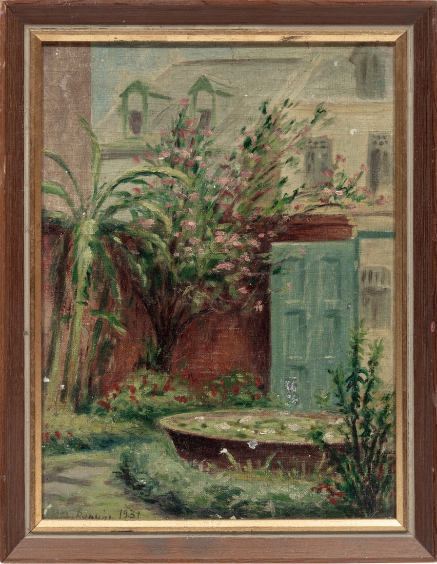Manuel G. Runyan, American/Florida 1872-1954, "New Orleans Courtyard", oil on canvas laid on board,: Manuel G. Runyan American/Florida, 1872-1954 "New Orleans Courtyard" oil on canvas laid on board 1931, signed and dated lower left, framed. 12 x 9 in. (30.5 x 22.9 cm.), Frame: 13 1/2 x 10 1