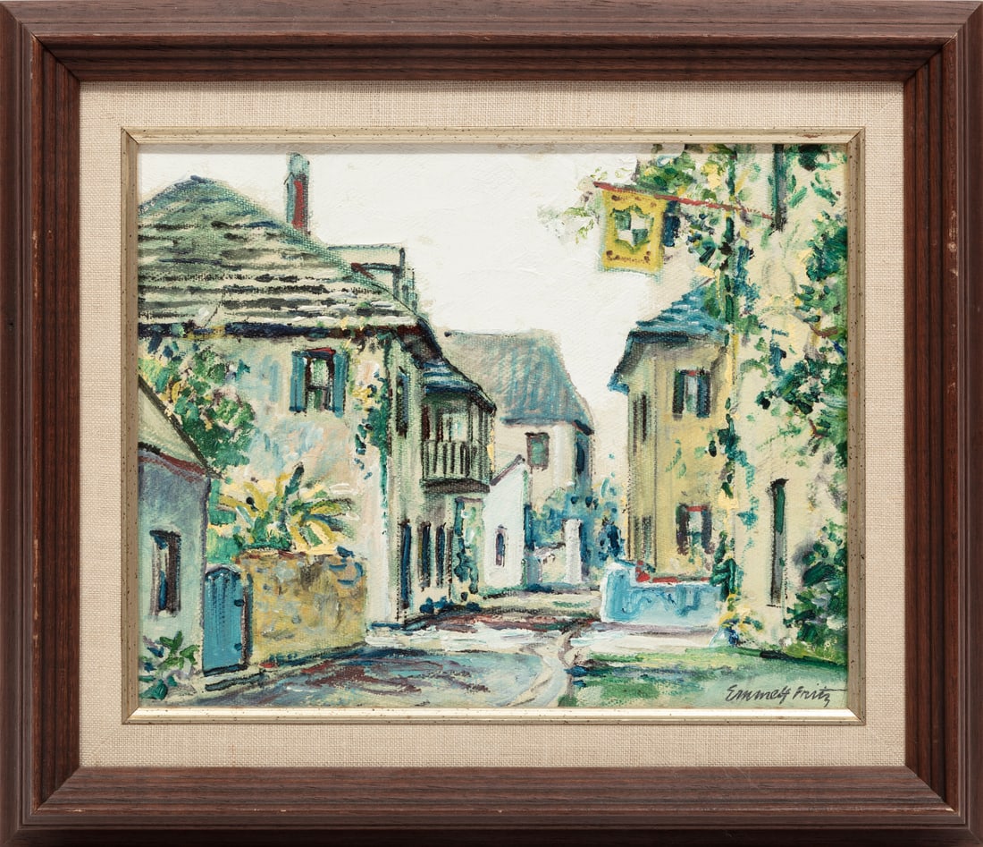 Emmett Fritz, American/Florida 1917-1995, ?Street Scene?, oil on canvas board, 8 x 10 in. (20.3 x: Emmett Fritz American/Florida, 1917-1995 ?Street Scene? oil on canvas board signed lower right, framed. 8 x 10 in. (20.3 x 25.4 cm.), Frame: 11 1/2 x 13 1/4 x 1 1/4 in. (29.2 x 33.7 x 3.2 cm.)