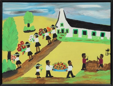 Clementine Hunter, American/Louisiana 1886-1988, "Funeral Procession", oil on board, 18 x 23 3/4 in.